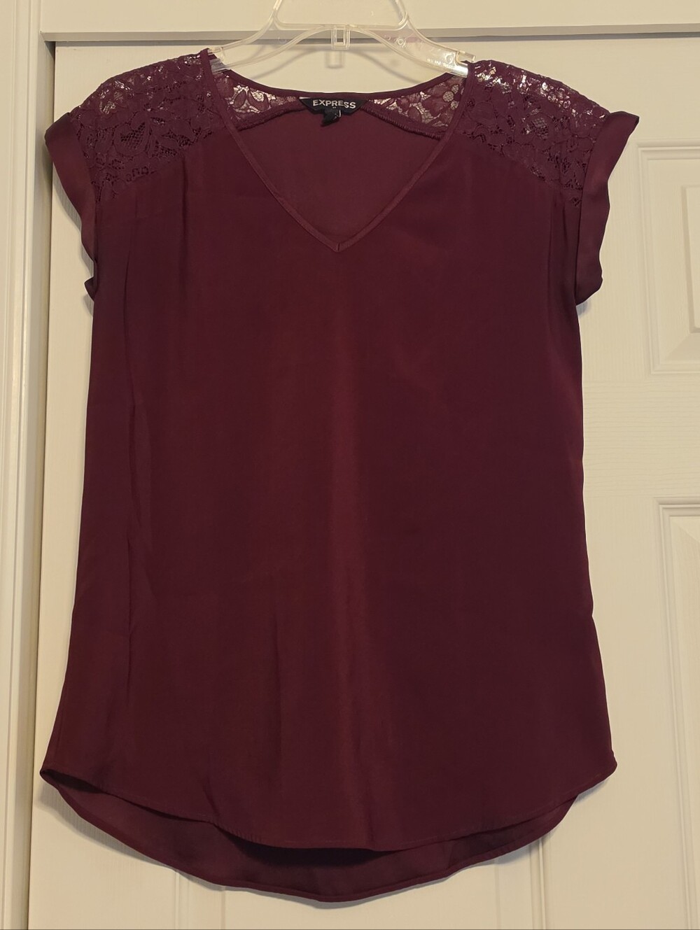 Express Women's V-Neck Lace Shoulder Top - Wine